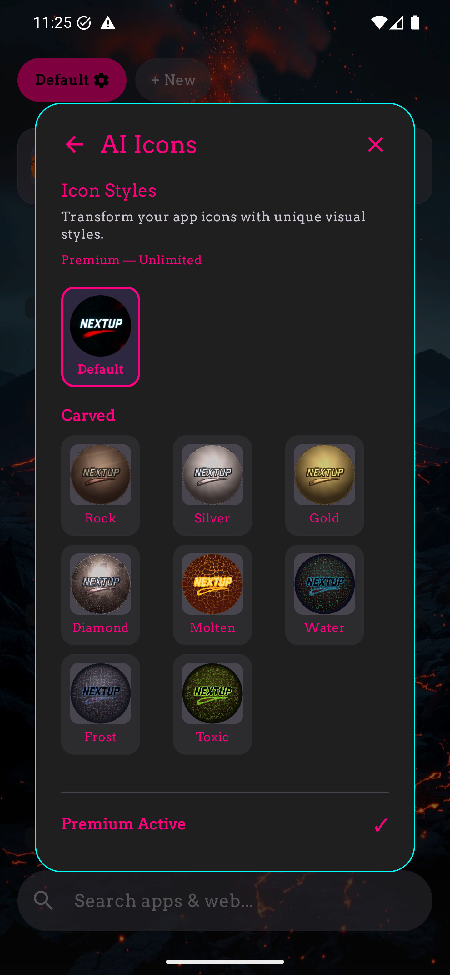 AI Icons theme picker showing the carved icon styles