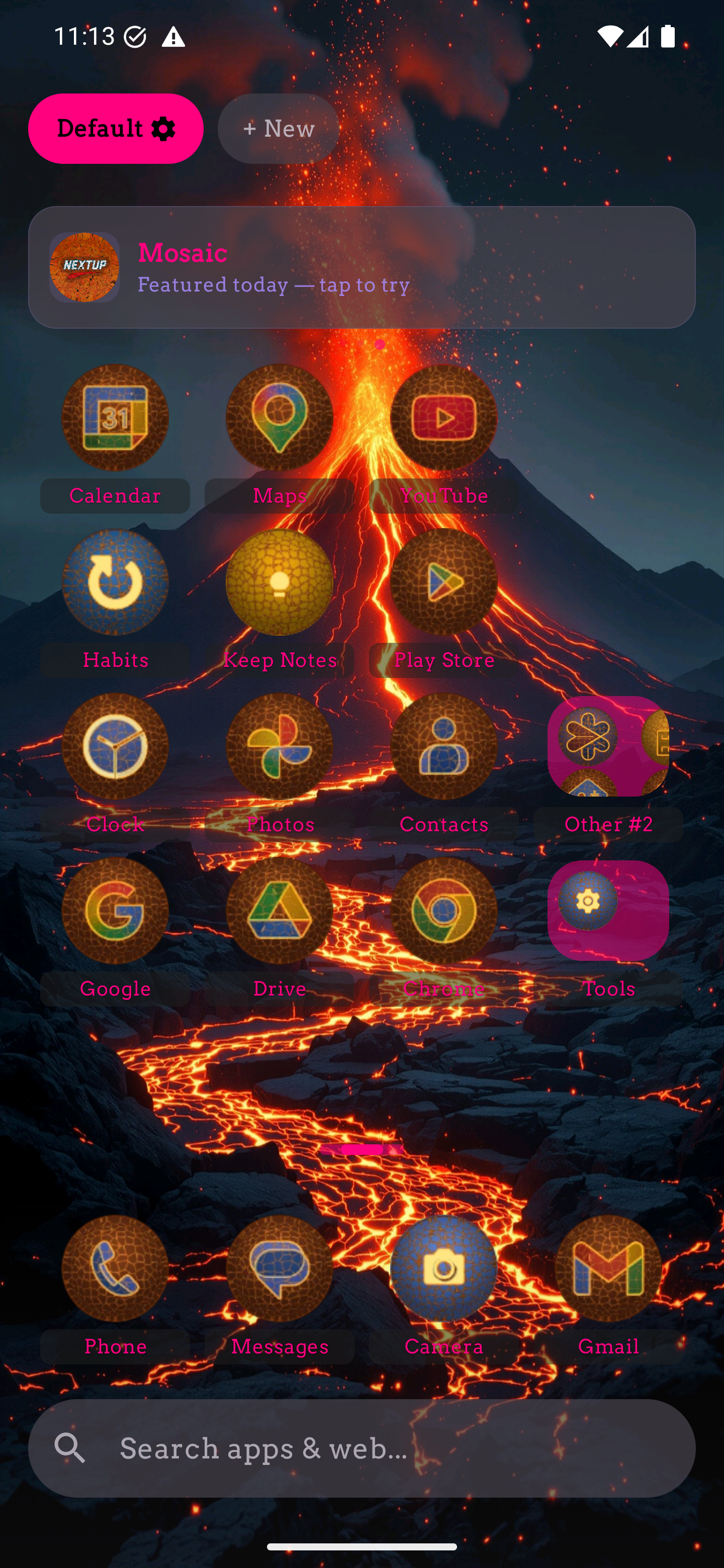 Home screen with the molten-lava themed icon pack
